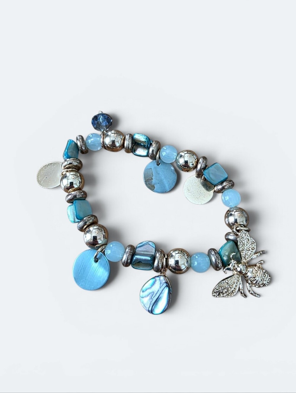 Boho Blue Shell Beaded Stretch Charm Bracelet Silver Bumblebee Abalone Eclectic